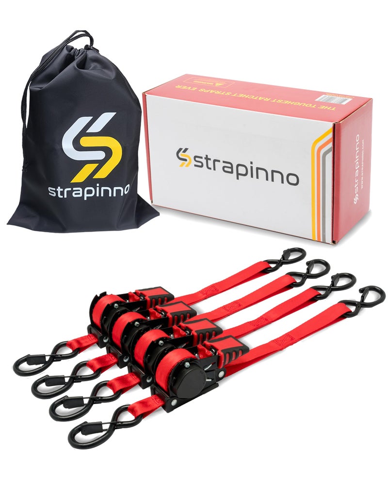 Strapinno أشرطة سقاطة قابلة للسحب من Strapinno بطول 1 × 10 أقدام مع مقابض فولاذية مطلية بالمطاط للدراجات النارية Jetski Kayak قوة كسر 1 500 رطل/680 كجم (حزام أحمر مطلي باللون الأسود) - Image 1